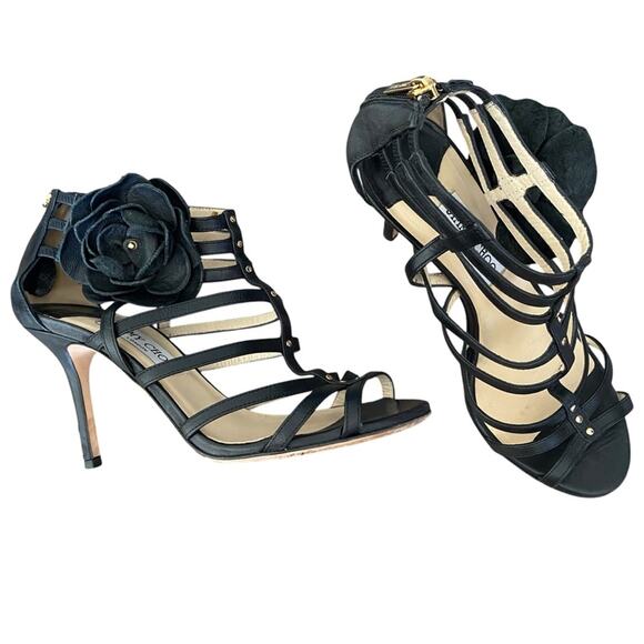 Jimmy Choo Black Leather Opaque Flower High Heel Cage Sandals Heels size 7.5 - Picture 1 of 10